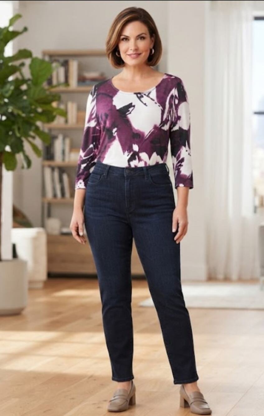 Chico's CoziSoft Top 2 L 12-14 NWT Abstract Floral 3/4 Sleeve Scoop Neck Purple
